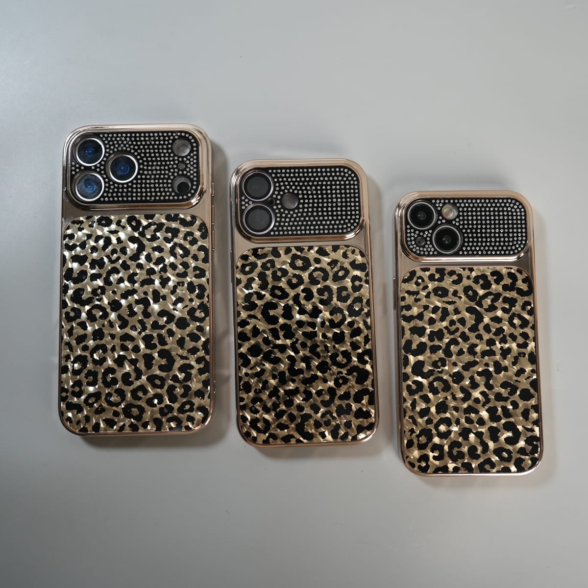 iPhone Series Luxury Leopard Crystal Case with Rhinestone Camera Frame & Glossy Finish