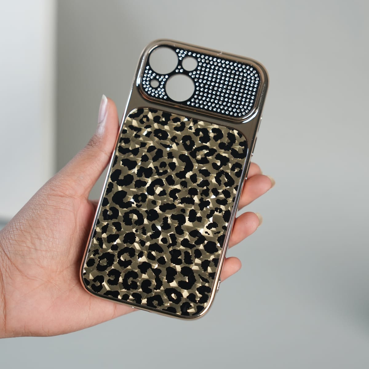 iPhone Series Luxury Leopard Crystal Case with Rhinestone Camera Frame & Glossy Finish