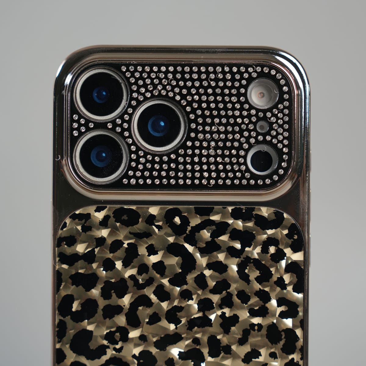 iPhone Series Luxury Leopard Crystal Case with Rhinestone Camera Frame & Glossy Finish
