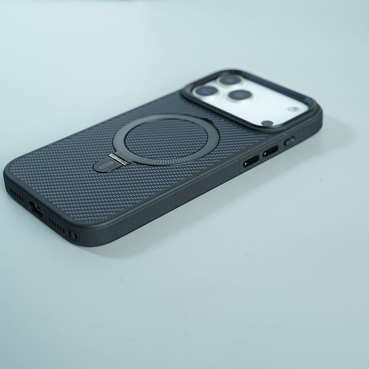 iPhone Series Premium Carbon-Texture Ring Stand Flip Case | Metal Kickstand | Slim & Protective Cover