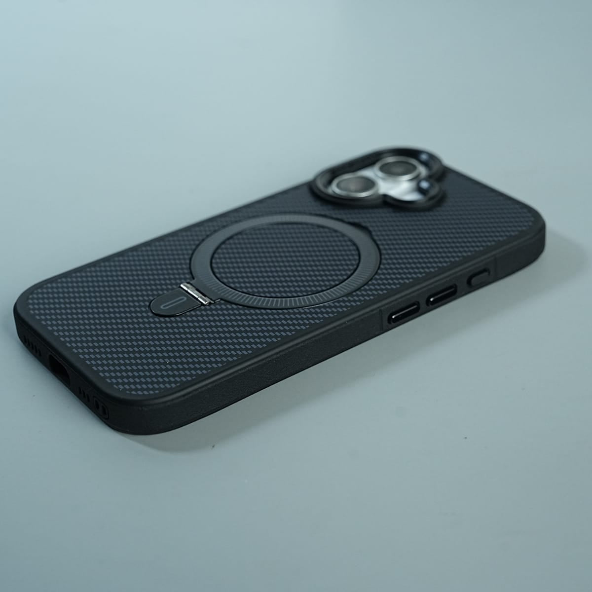 iPhone Series Premium Carbon-Texture Ring Stand Flip Case | Metal Kickstand | Slim & Protective Cover
