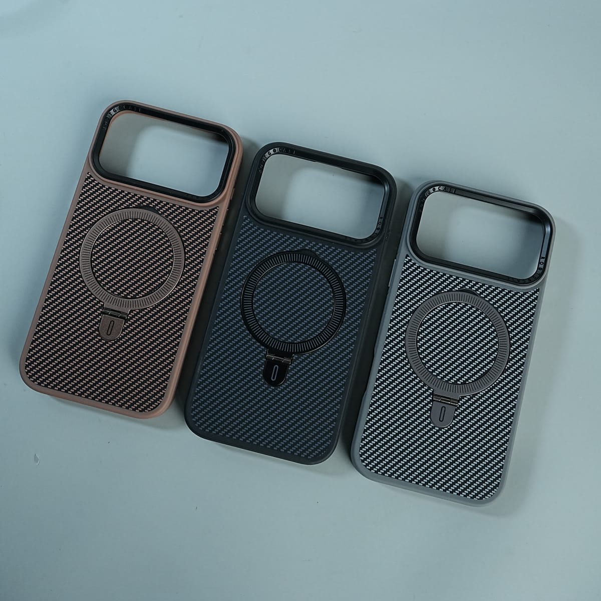 iPhone Series Premium Carbon-Texture Ring Stand Flip Case | Metal Kickstand | Slim & Protective Cover