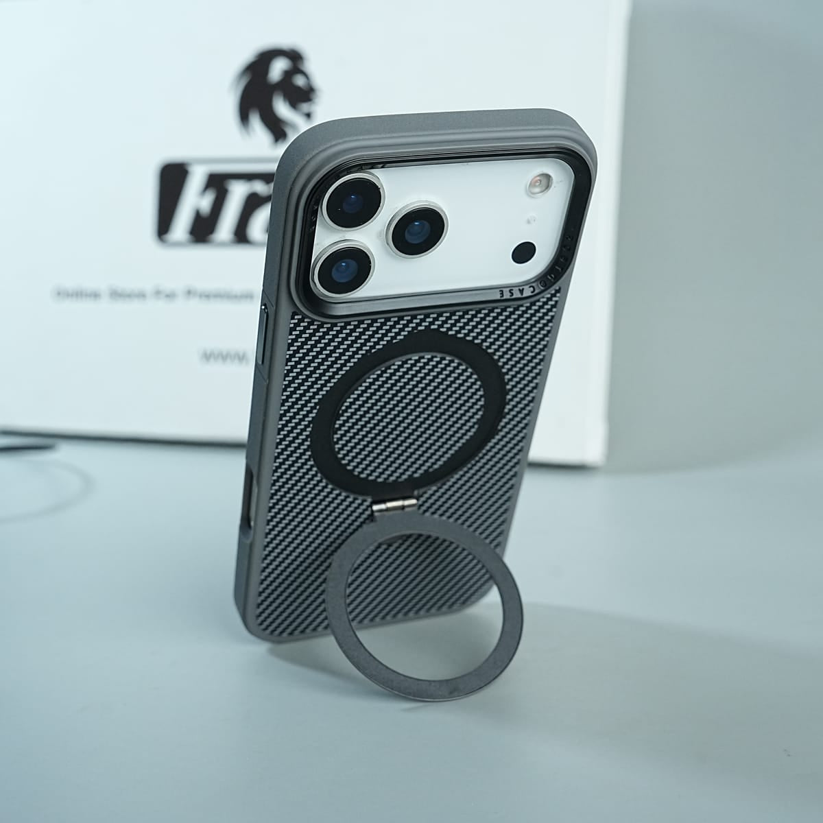 iPhone Series Premium Carbon-Texture Ring Stand Flip Case | Metal Kickstand | Slim & Protective Cover