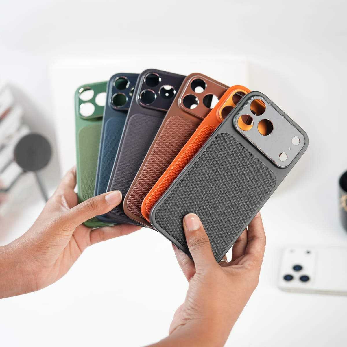 iPhone Series PU Leather Texture Case | Silicone Frame & Metal Camera Guard
