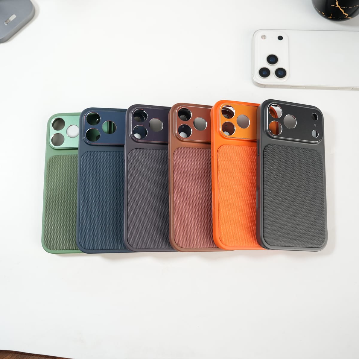 iPhone Series PU Leather Texture Case | Silicone Frame & Metal Camera Guard