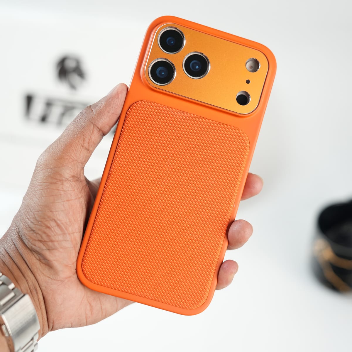 iPhone Series PU Leather Texture Case | Silicone Frame & Metal Camera Guard