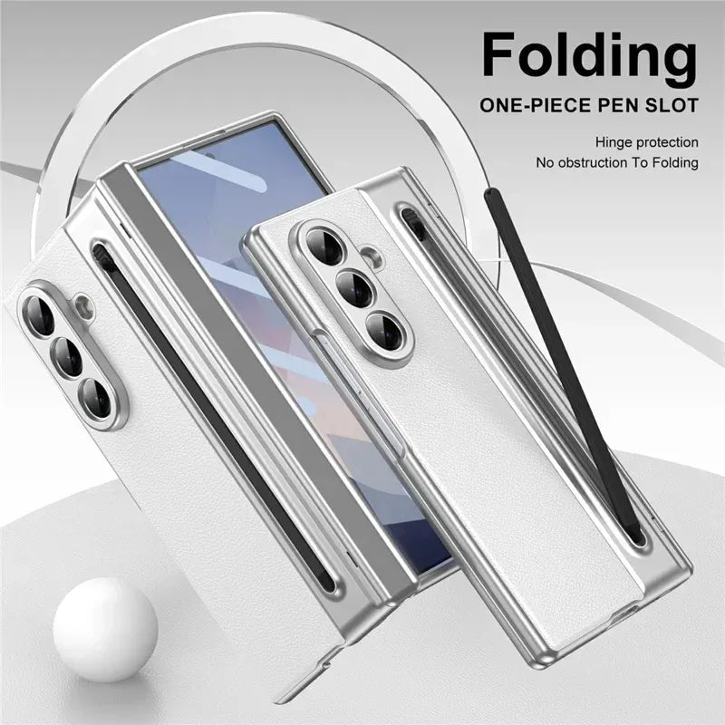 Samsung Galaxy Z Fold7 Plating Leather Case with Stylus & Glass Protection