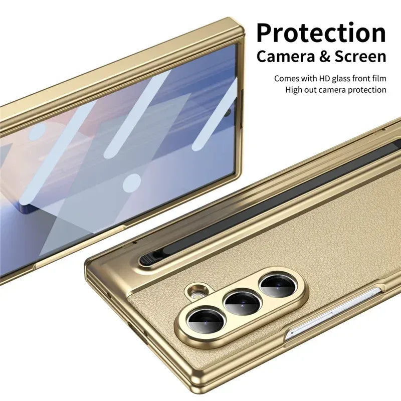 Samsung Galaxy Z Fold7 Plating Leather Case with Stylus & Glass Protection