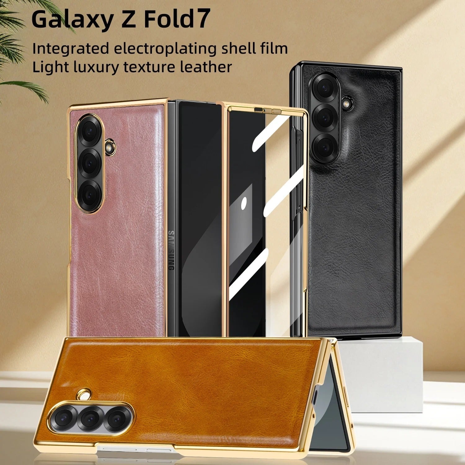 Samsung Galaxy Fold7 Gold Plating Leather Case with Front Glass Protector