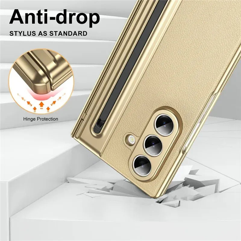 Samsung Galaxy Z Fold7 Plating Leather Case with Stylus & Glass Protection