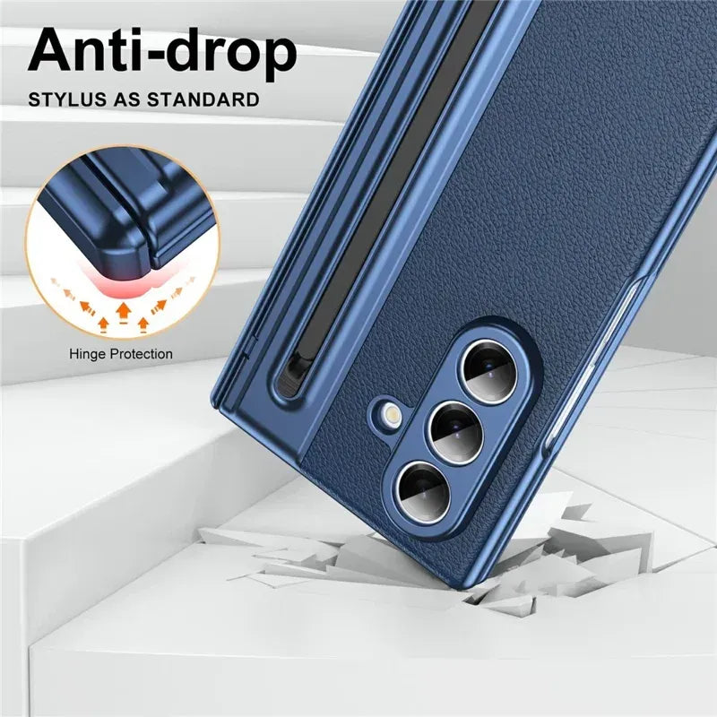Samsung Galaxy Z Fold7 Plating Leather Case with Stylus & Glass Protection