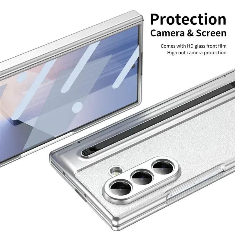 Samsung Galaxy Z Fold7 Plating Leather Case with Stylus & Glass Protection