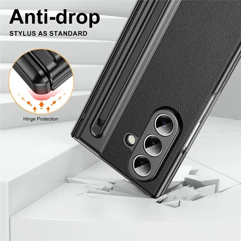 Samsung Galaxy Z Fold7 Plating Leather Case with Stylus & Glass Protection