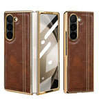 Samsung Galaxy Z Fold7 Gold Plated Dual Line Stitches Leather Case