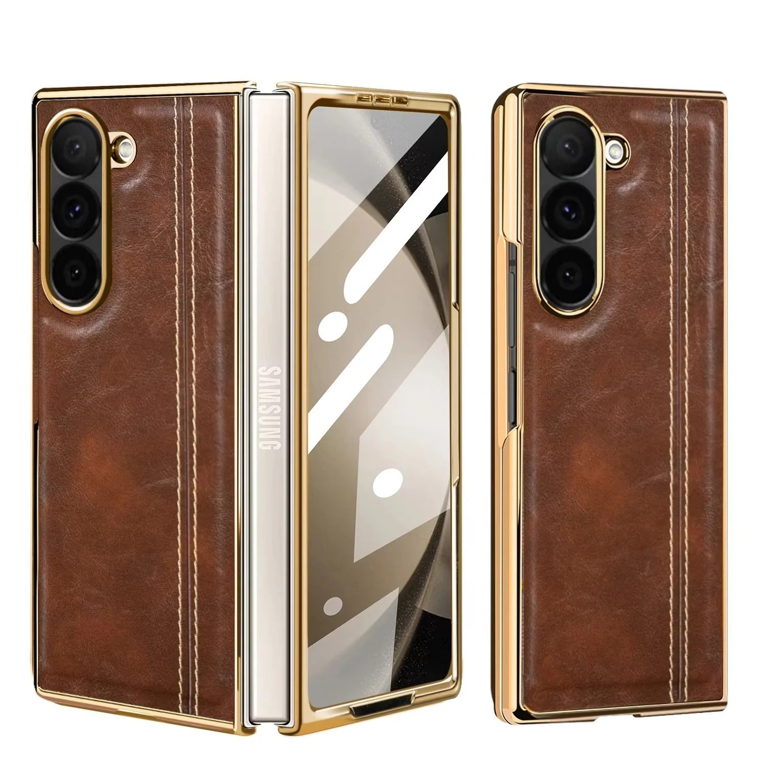 Samsung Galaxy Z Fold7 Gold Plated Dual Line Stitches Leather Case
