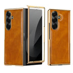 Samsung Galaxy Fold7 Gold Plating Leather Case with Front Glass Protector