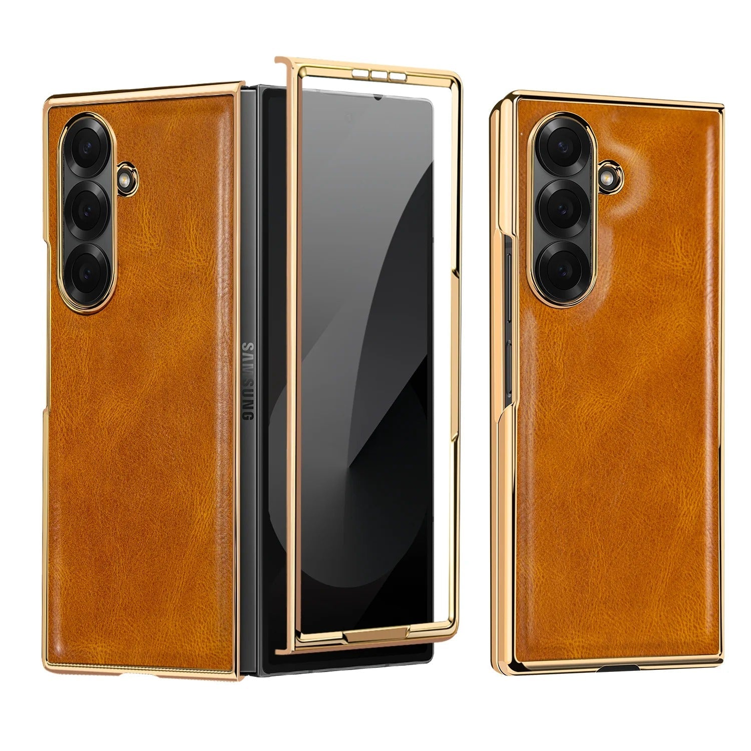 Samsung Galaxy Fold7 Gold Plating Leather Case with Front Glass Protector