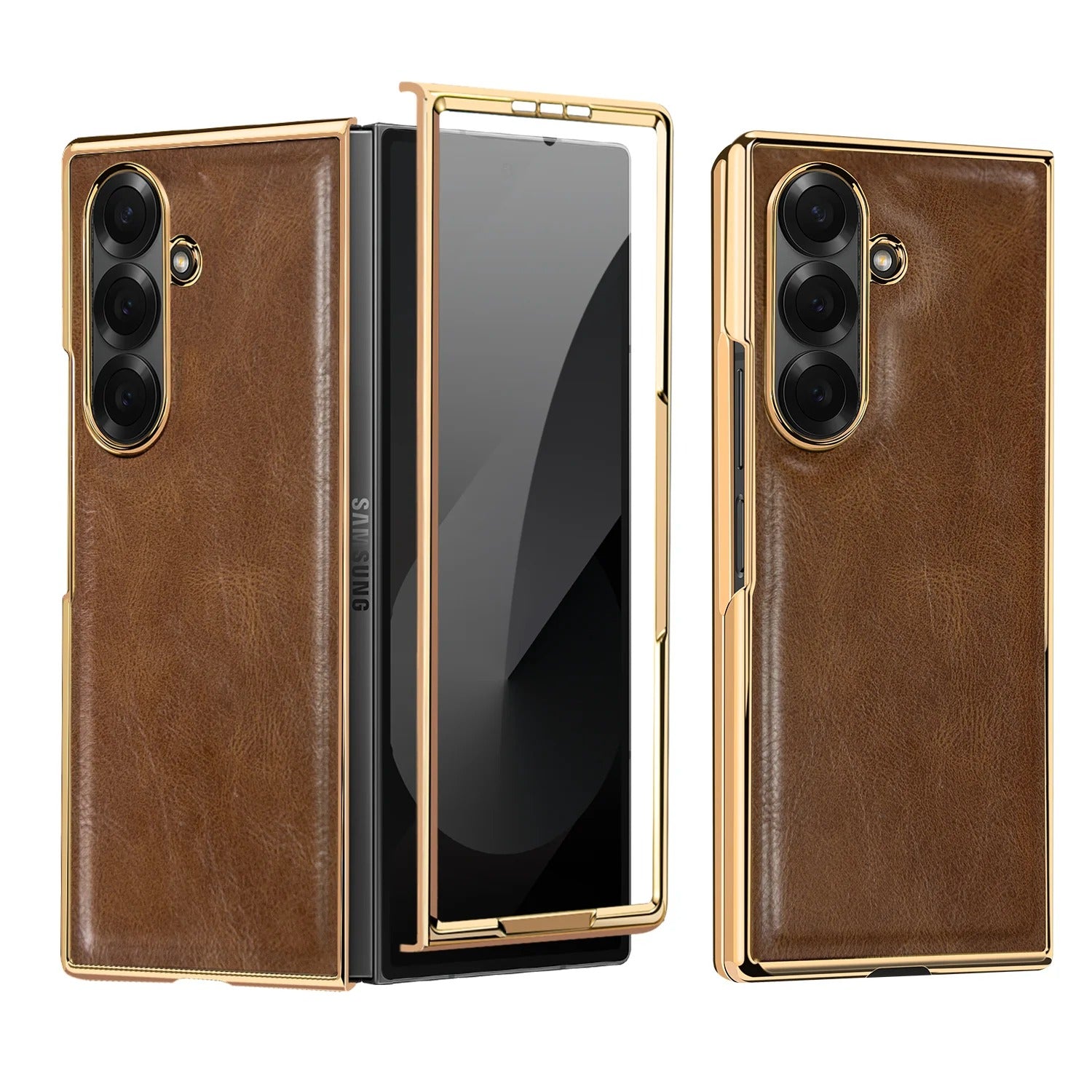 Samsung Galaxy Fold7 Gold Plating Leather Case with Front Glass Protector