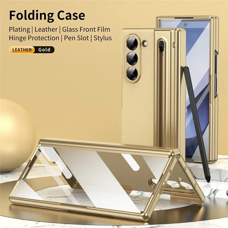 Samsung Galaxy Z Fold7 Plating Leather Case with Stylus & Glass Protection