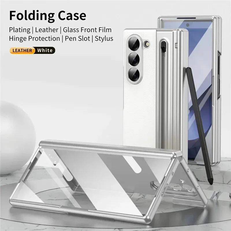 Samsung Galaxy Z Fold7 Plating Leather Case with Stylus & Glass Protection