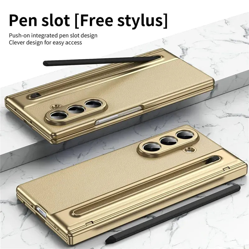 Samsung Galaxy Z Fold7 Plating Leather Case with Stylus & Glass Protection