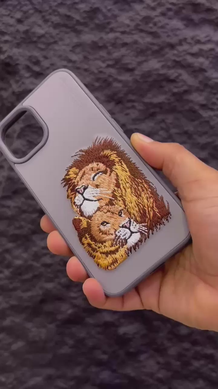 Embroidered Lion Series Leather  Back Case Compatible with iPhone