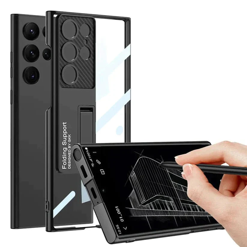 Samsung Galaxy S24 Ultra Luxury Cristal Clear Camera Carbon Back Cover With Stand Mobile Case by CoverMeUp - Style 5
