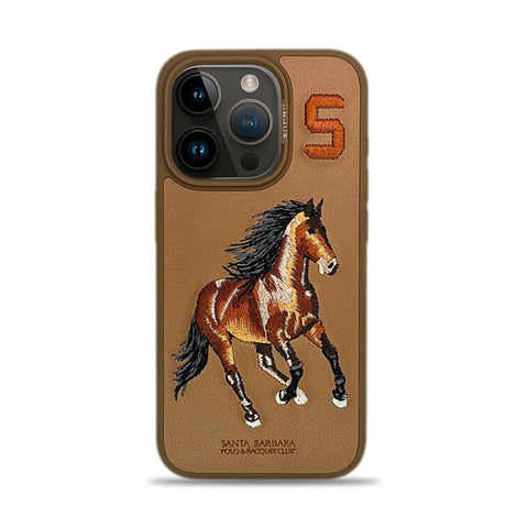 Embroidered Horse Series Leather Brown Back Case Compatible with iPhone