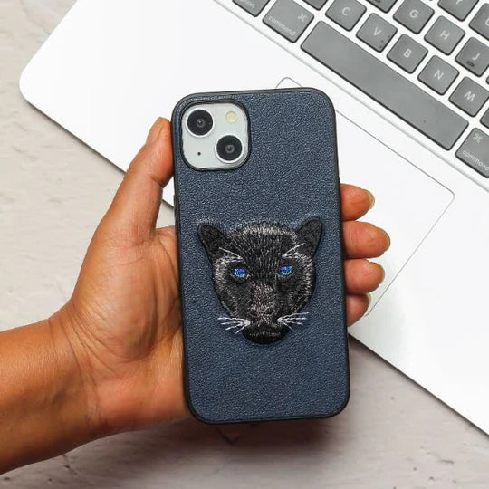 3D Embroidered Black Panther Series Luxury Leather Hard Back Case Cover for iPhone.