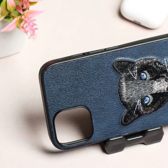 3D Embroidered Black Panther Series Luxury Leather Hard Back Case Cover for iPhone.