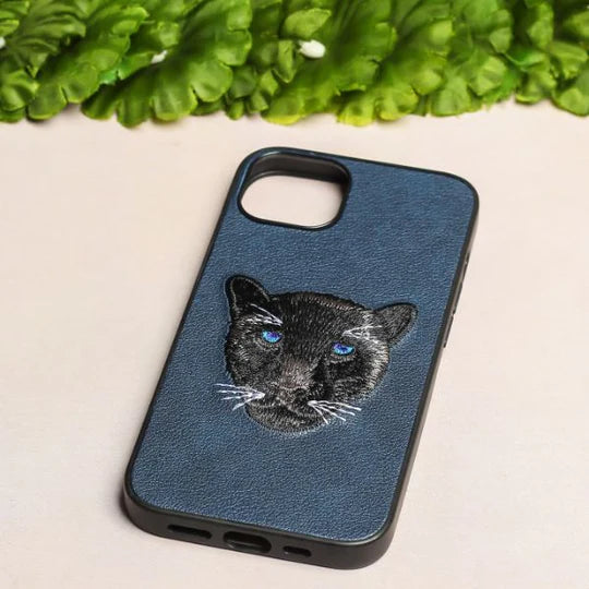 3D Embroidered Black Panther Series Luxury Leather Hard Back Case Cover for iPhone.
