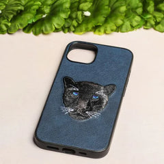 3D Embroidered Black Panther Series Luxury Leather Hard Back Case Cover for iPhone.