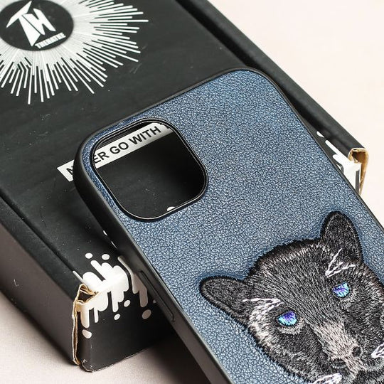 3D Embroidered Black Panther Series Luxury Leather Hard Back Case Cover for iPhone.