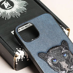 3D Embroidered Black Panther Series Luxury Leather Hard Back Case Cover for iPhone.