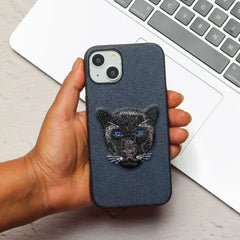 3D Embroidered Black Panther Series Luxury Leather Hard Back Case Cover for iPhone.